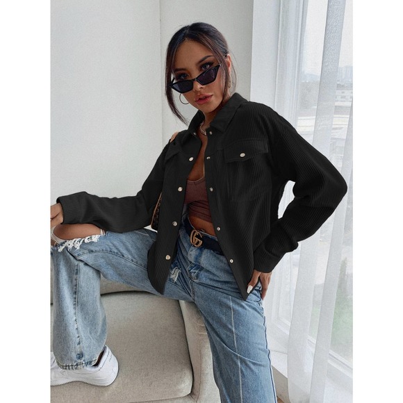 Flap Pocket Button Front Corduroy Jacket boyfriend shacket cream - Picture 8 of 13